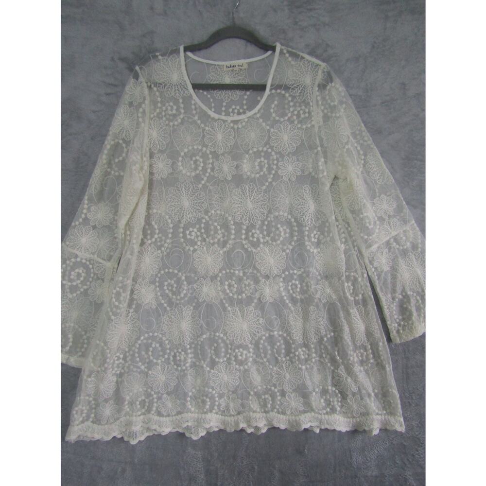 Indigo Soul Sheer White Lace Floral Blouse Boho Romantic Festival Top Fairy
